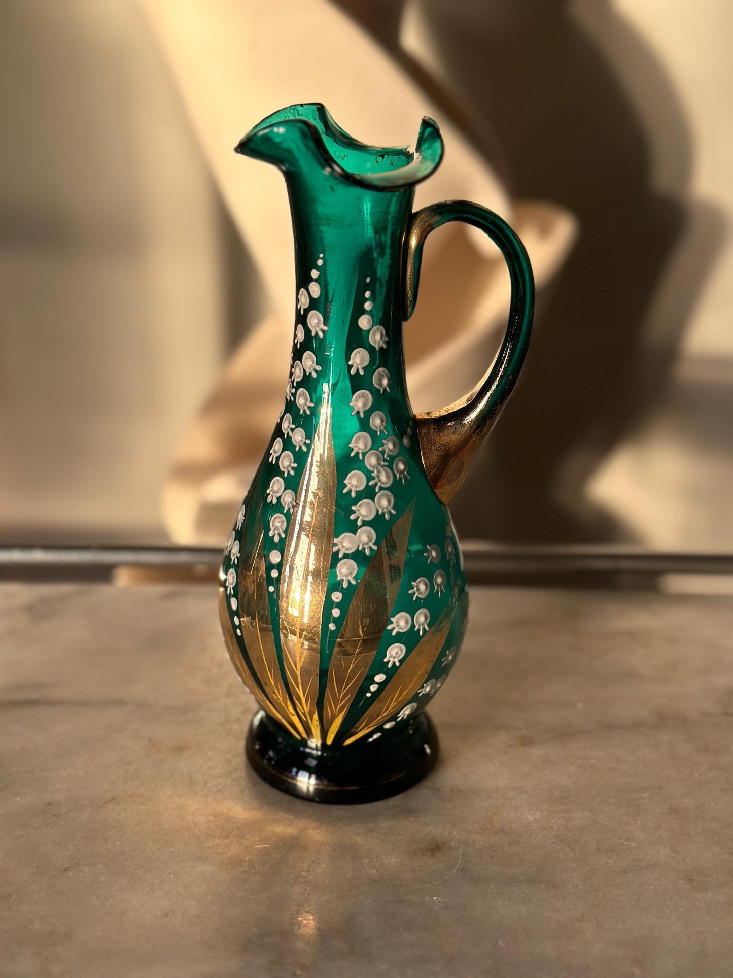 Vintage Hand-Blown Turquoise Glass Pitcher Vase: Enameled Lily of the Valley