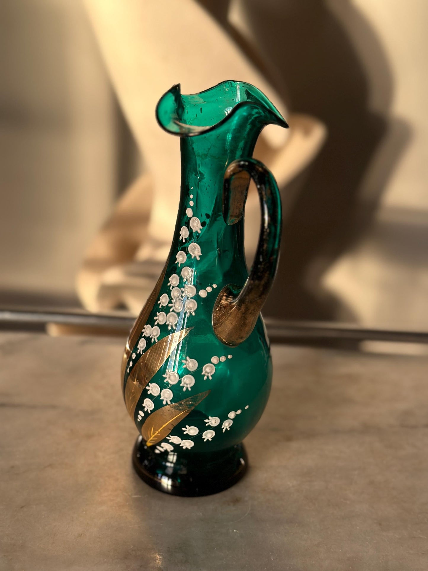 Vintage Hand-Blown Turquoise Glass Pitcher Vase: Enameled Lily of the Valley