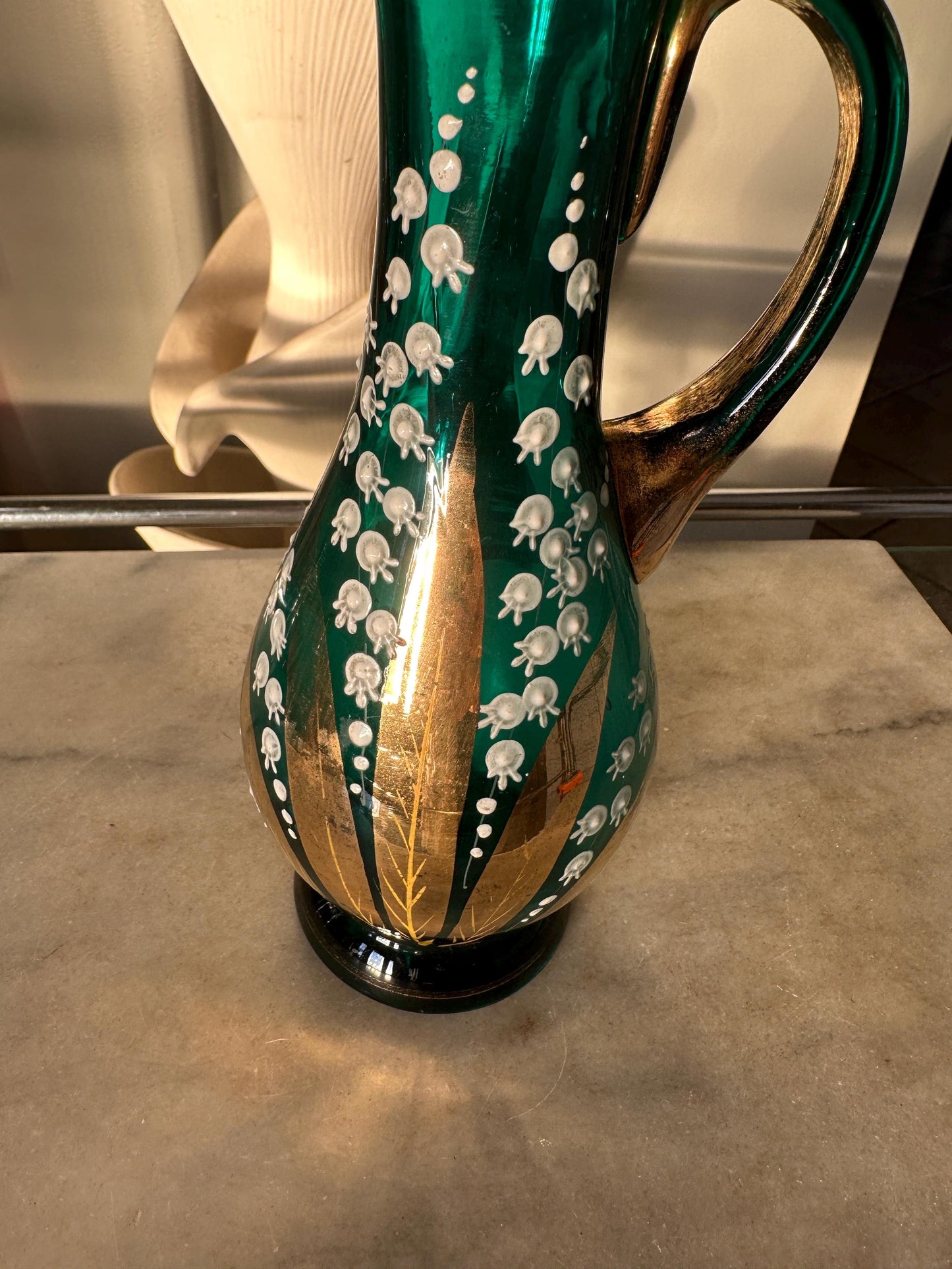 Vintage Hand-Blown Turquoise Glass Pitcher Vase: Enameled Lily of the Valley