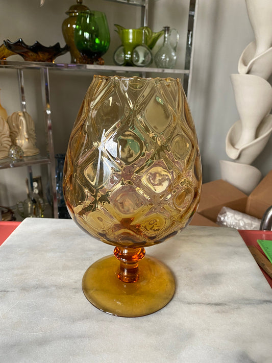 Gorgeous 11” Tall Vintage Brandy Snifter — Quilted Amber Glass | MCM Decor | MCM Art Glass