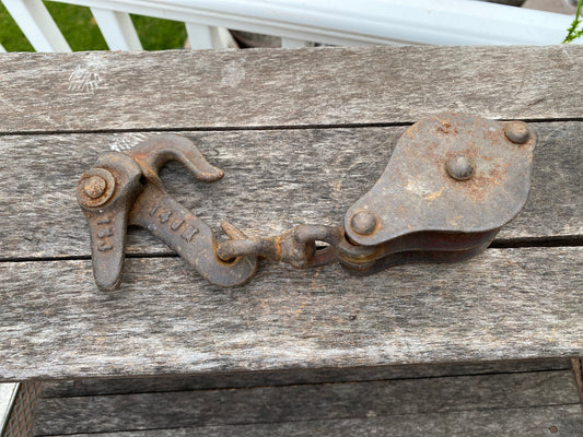 Vintage Unusual Block tackle pulley hanging swivel hook Industrial metal repurpose salvage part piece gadget barn farm patina