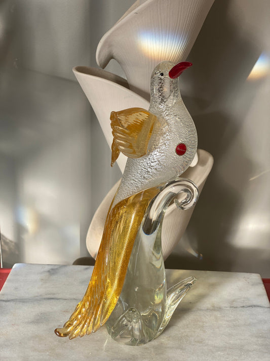 Vintage Murano Glass Bird Sculpture | Heavy red Beak and Gold Tailfeathers Murano Glass  Tropocal Bird Sculpture