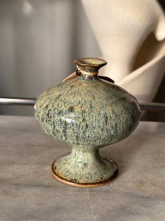 Vintage Pottery / Stoneware Oil Candle in Green and Grey Speckled Glaze / Hand Crafted Art Pottery / Feather River Pottery