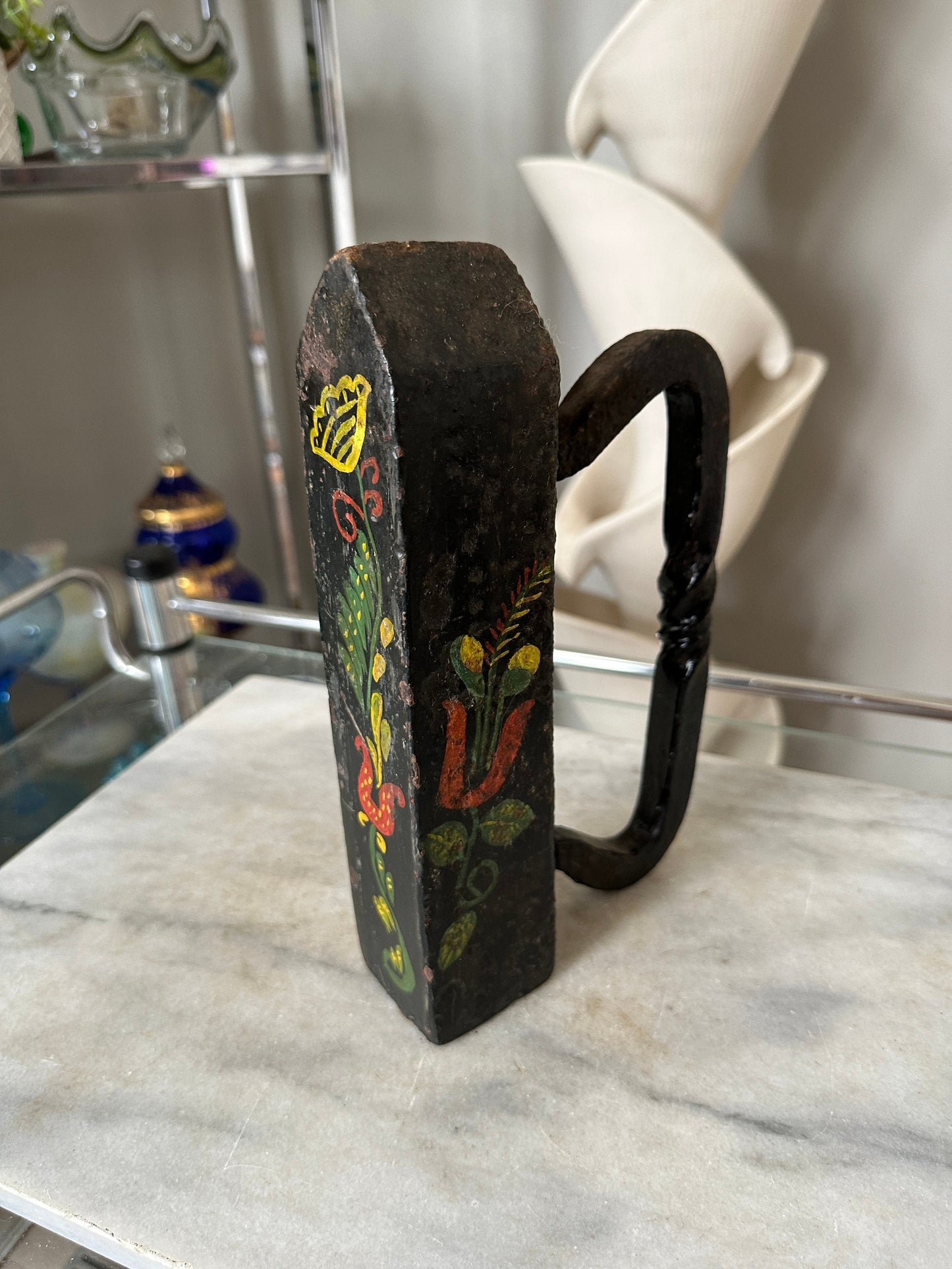Antique Hand Painted Cast Iron IRON | Toleware Floral Painted Iron | Doorstop