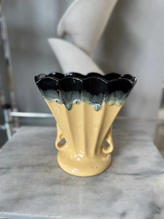Vintage USA Pottery  Stoneware Art Pottery Ebonello Black Drip Yellow Fan Vase