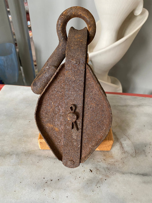 Primitive Industrial Hand Forged and Cast Iron Rusty Double Pulley Rustic Decor Farm Tool With Hook
