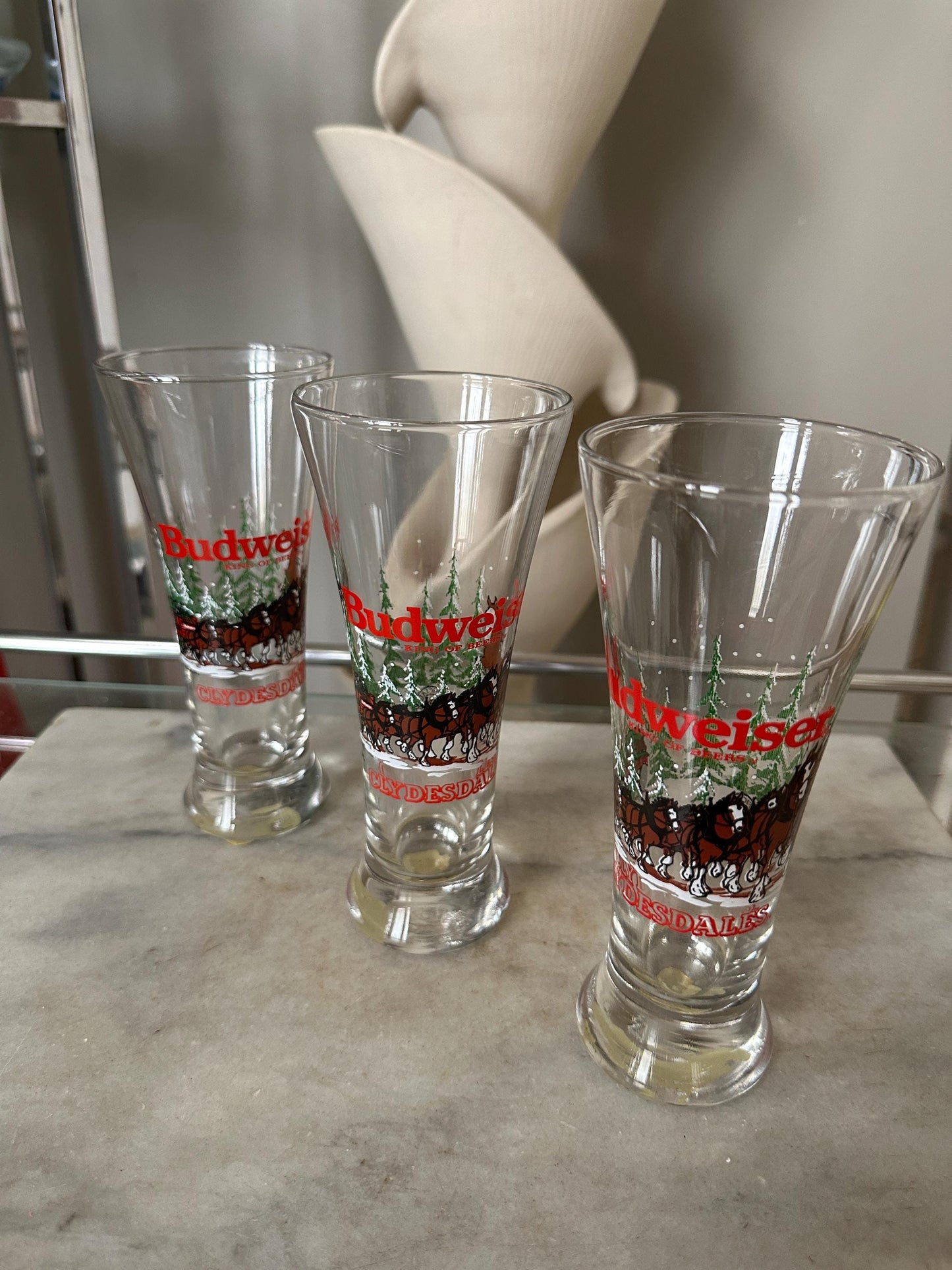 Budweiser Clydesdale Pilsner Beer Glass Set of 3 Clear Christmas 1989 Horses 7"