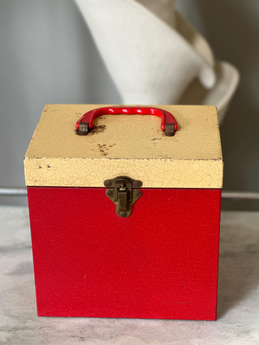 Vintage Red Two Toned Metal 45 RPM Records Carrier Box with Sixty (60) 45 Records | Johnny Cash, Aretha Franklin, Roy Orbison, 3 Dog Night