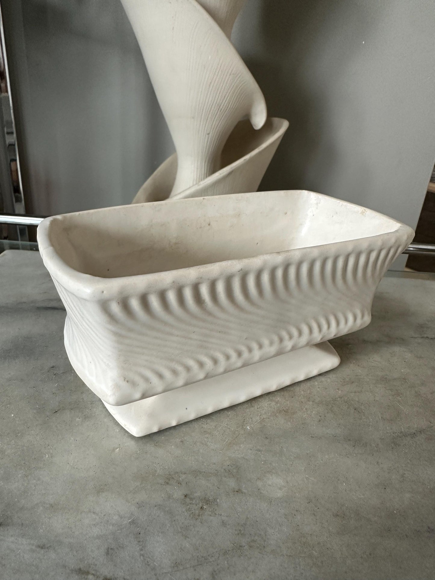 McCoy White Rectangular Pedestal Planter Swirl Design Vintage Pottery