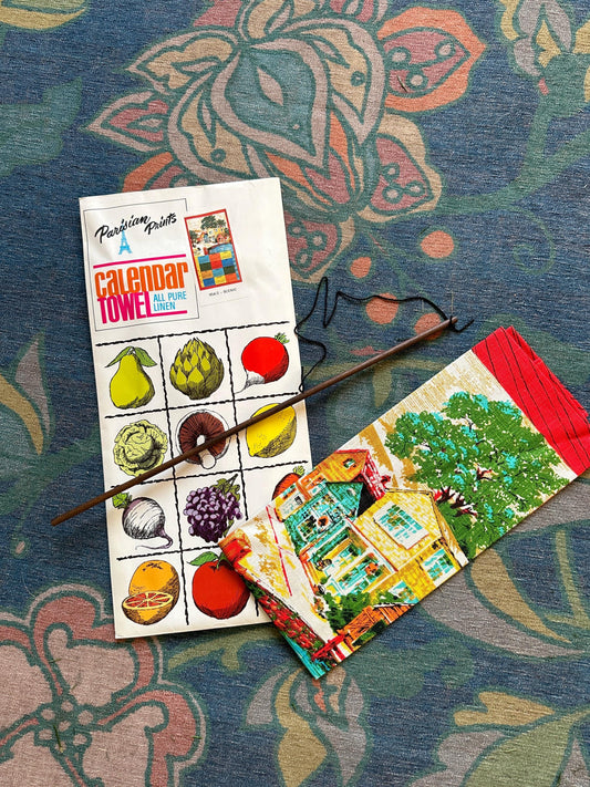 1973 Calendar Parisian Prints Vtg Linen Towel, Kitchen Towel, Scenic Village UNUSED 50+ Yrs Old, New Old Stock, Original Package