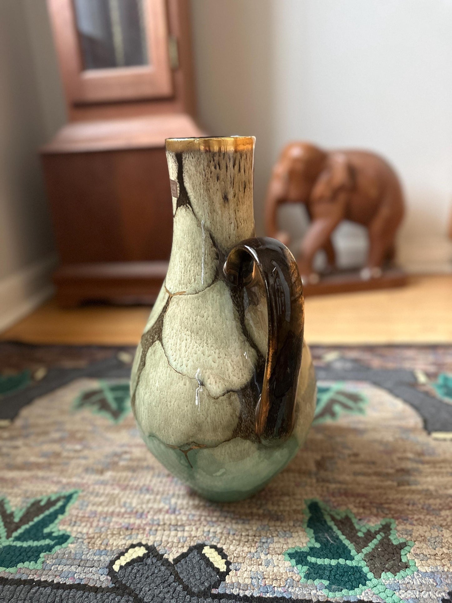 West German Carstens Tonnieshof tall handled vase, glossy green, brown and gold | Mid Century Modern Carstens Pitcher Vase