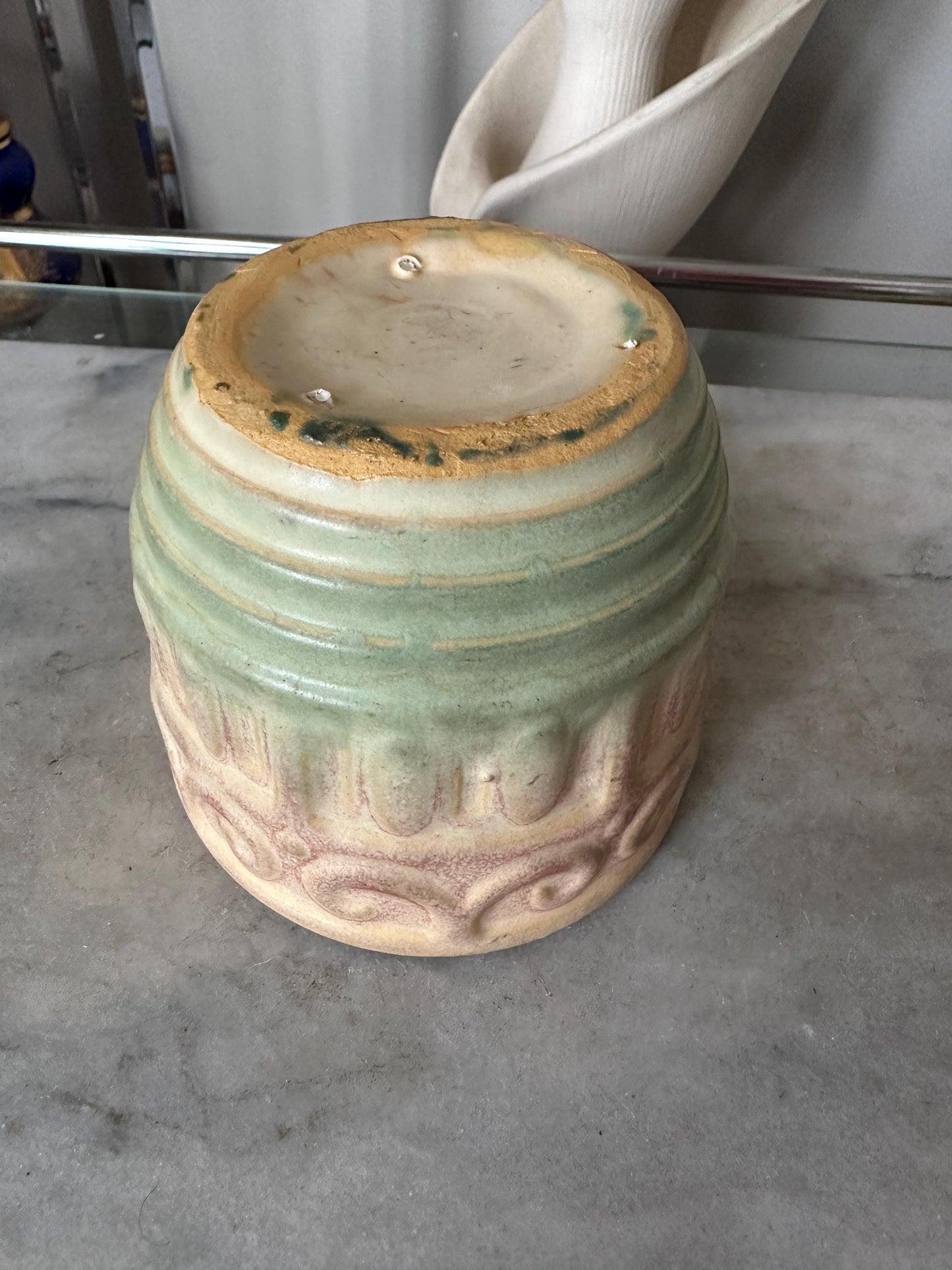 McCoy 6 1/4" Pottery Planter Jardinere Soft Pink Tan Green Early Shield 15 Mark