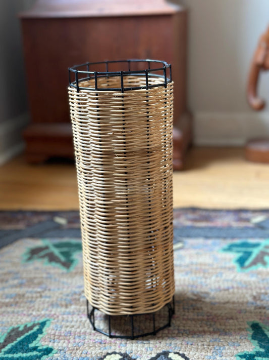 Midcentury Paul Mayen Habitat Style Black Wire & Woven Rattan Lamp, 1960s