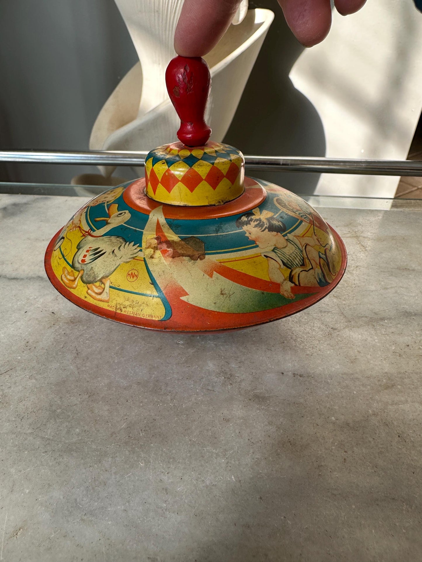 Mnn Tin Spinning Tops with Wood Plunger, Vintage MNN Spinning Top – Made in Western Germany – Retro Tin Toy Collectible