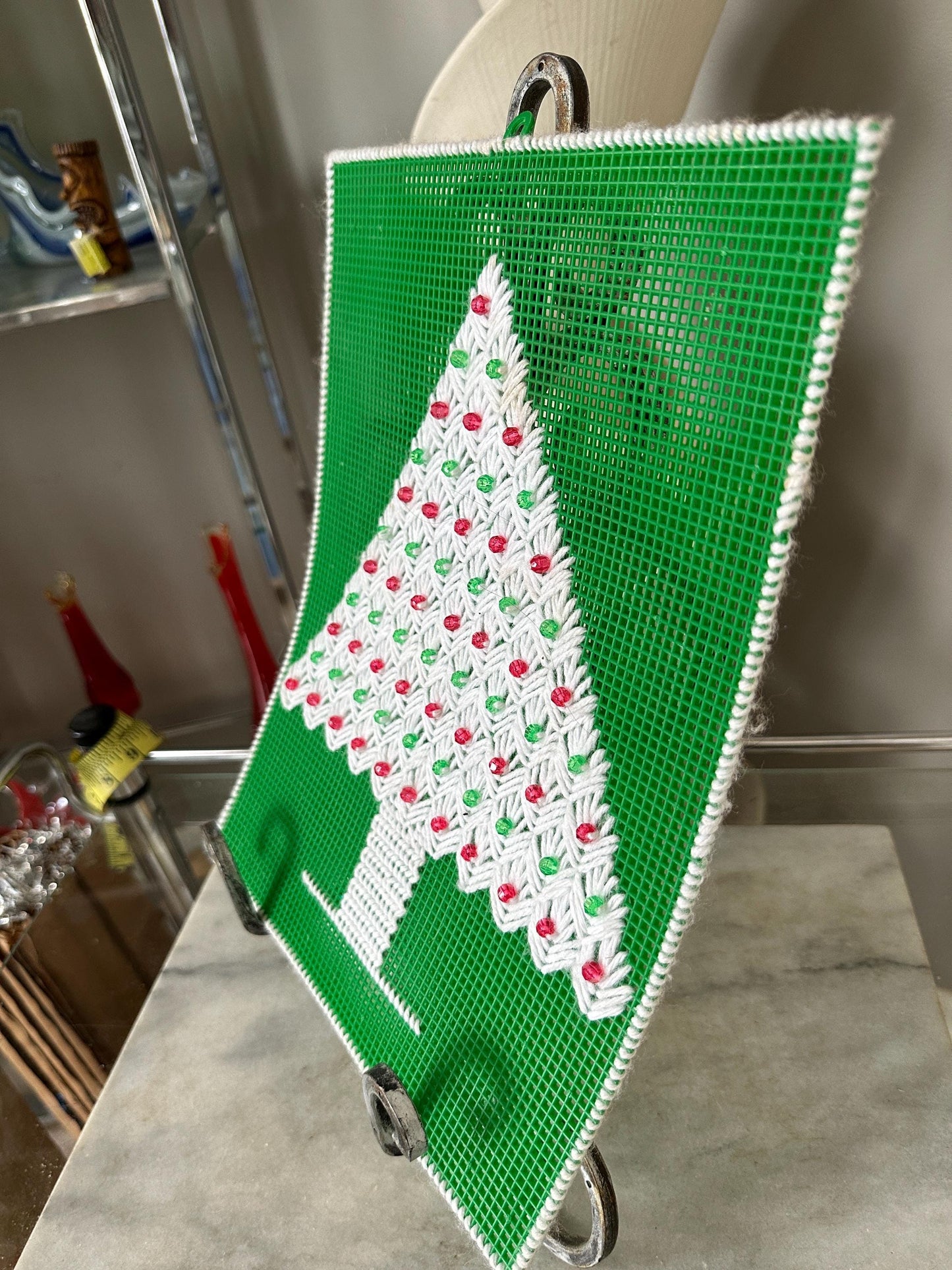 Vintage Christmas Tree Yarn Art Plastic Canvas Kitsch Wall Hanging Decor 14x11