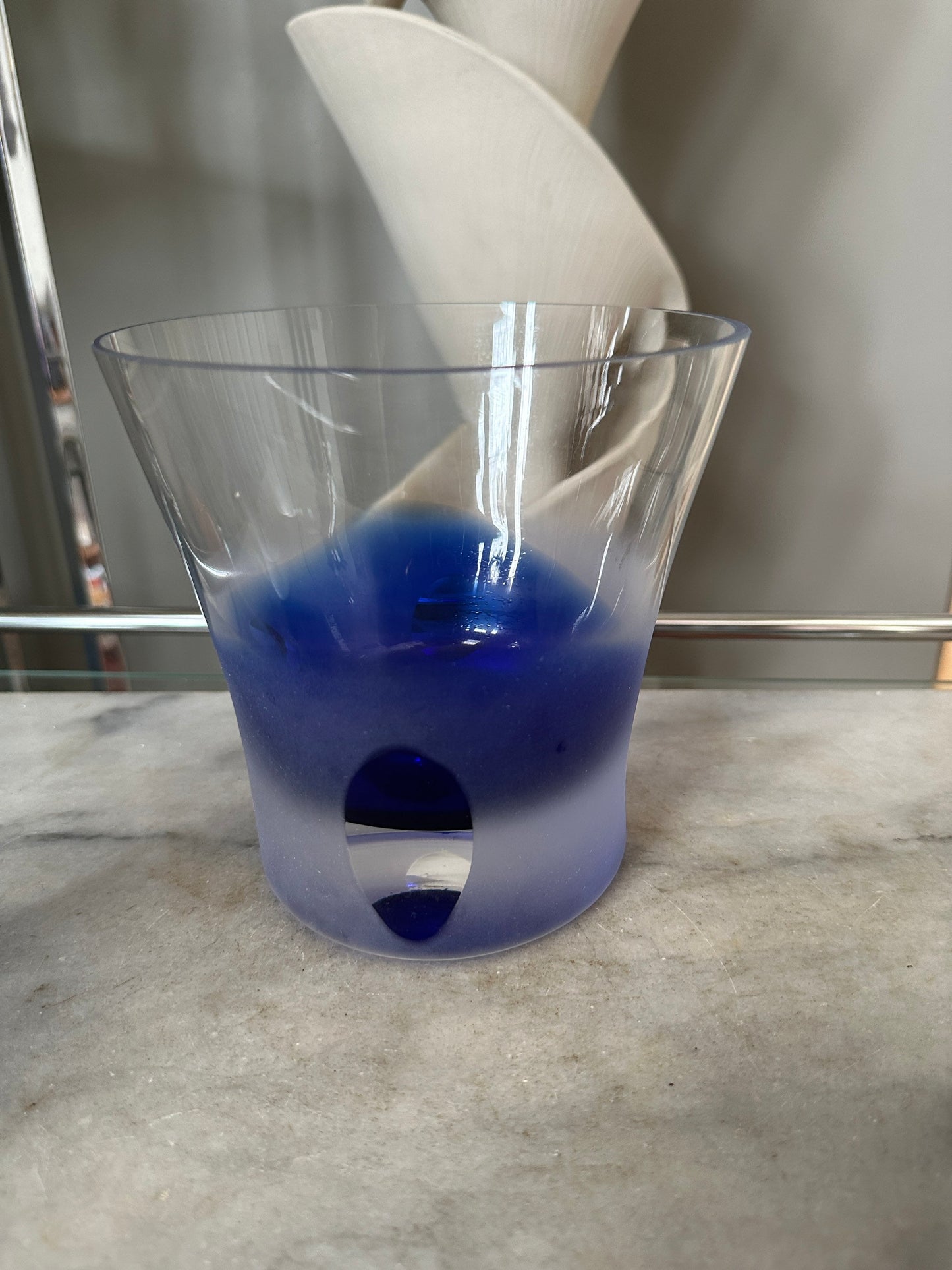 Mid Century Modern Ice Bucket and Vodka /Shot  Glass Set | Frosted Cut To Clear Blue Summerso Style Inside