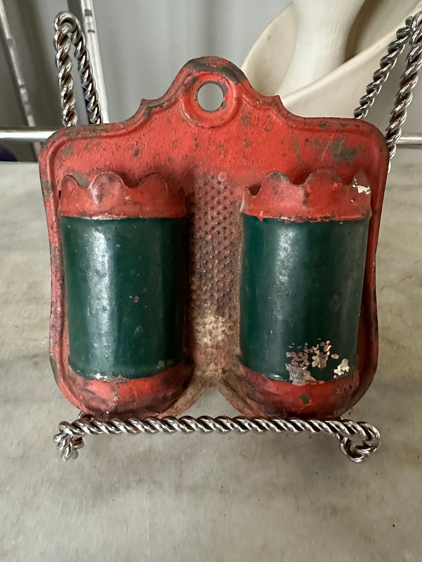Antique Wall Match Holder. Wall Mounted Container From Kitchen Decor  Red and Green Painted Tin Match Holder.