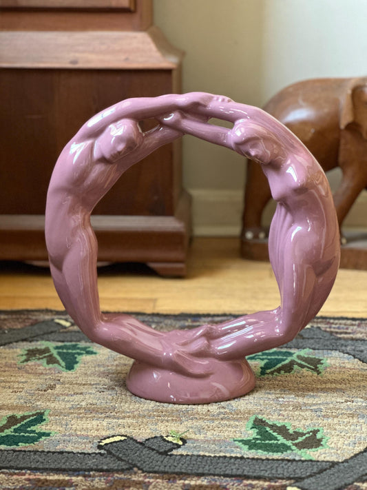 Haeger Pottery Mauve Pink Circle Of Love Sculpture, Vintage 90s Art Deco Style Man and Woman Eternity Circle Ceramic Art Decor