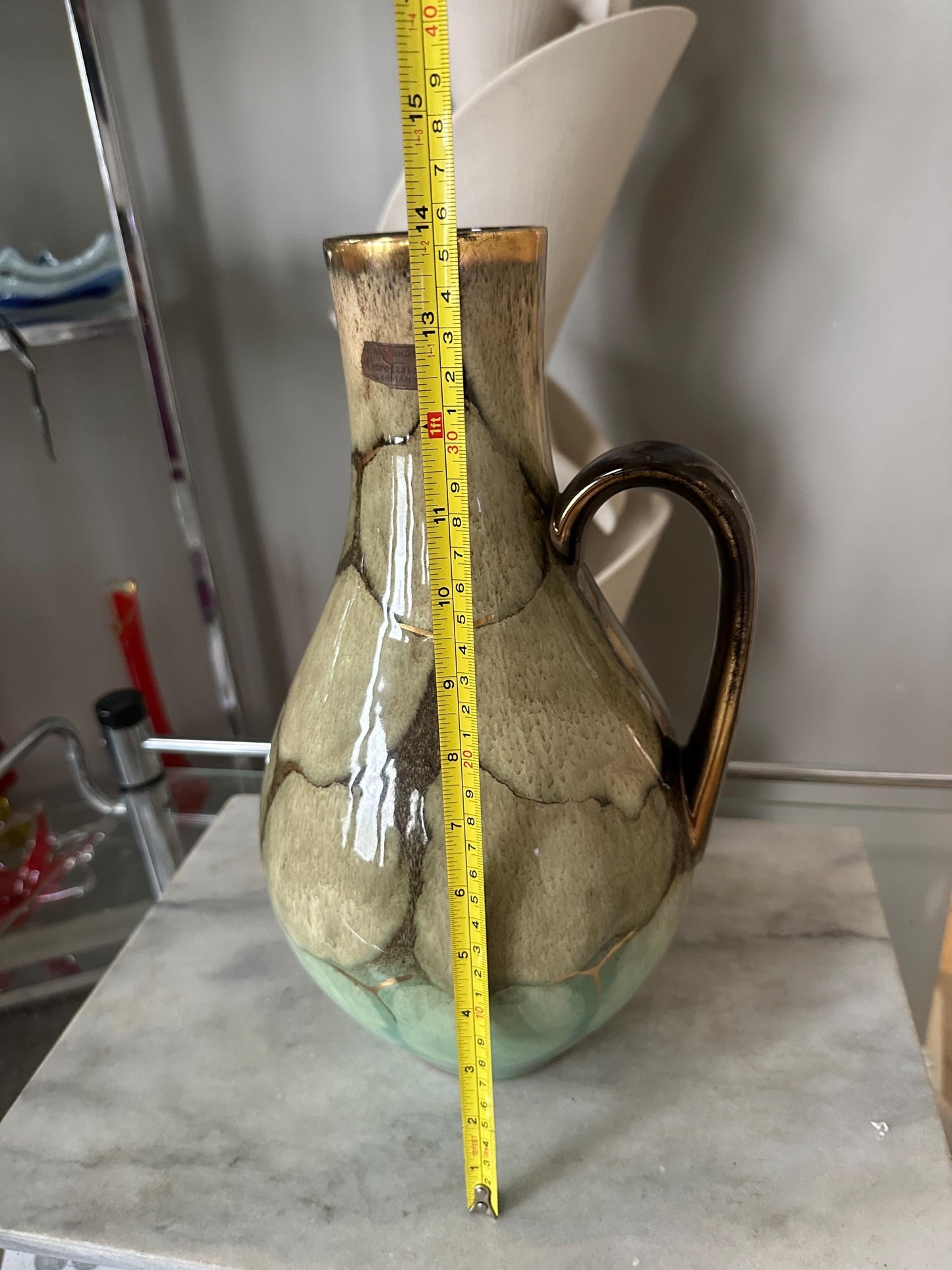West German Carstens Tonnieshof tall handled vase, glossy green, brown and gold | Mid Century Modern Carstens Pitcher Vase