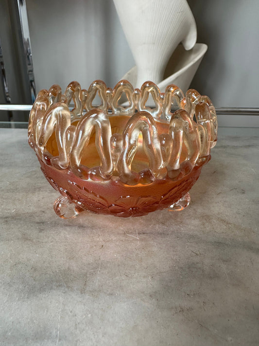 Antique Northwood Carnival Glass "Wild Rose" Marigold Open Edge Three Footed Rose Bowl 5" Diameter