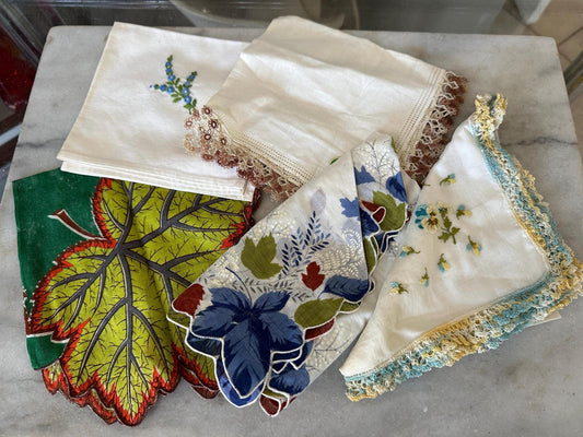 5 Vintage Shabby Chic Linen and Crocheted Hankies - Gorgeous Ivory, Blue Green and Pastel Colors Hankies - Vintage Bridal Wedding Hankie