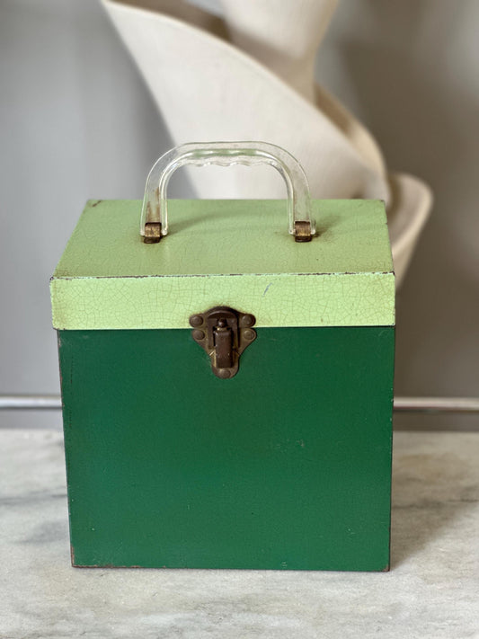 Vintage Green Two Toned Metal 45 RPM Records Carrier Box with (65) 45 Records | Elton John, Cher, Belinda Carlisle, Ch, Ray Charles and More