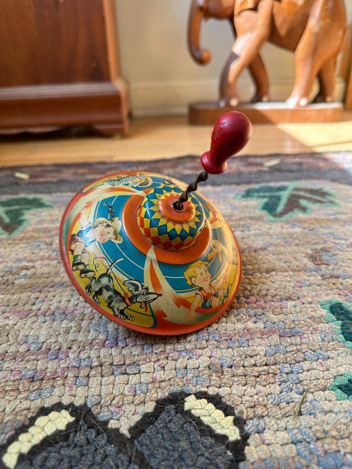 Mnn Tin Spinning Tops with Wood Plunger, Vintage MNN Spinning Top – Made in Western Germany – Retro Tin Toy Collectible