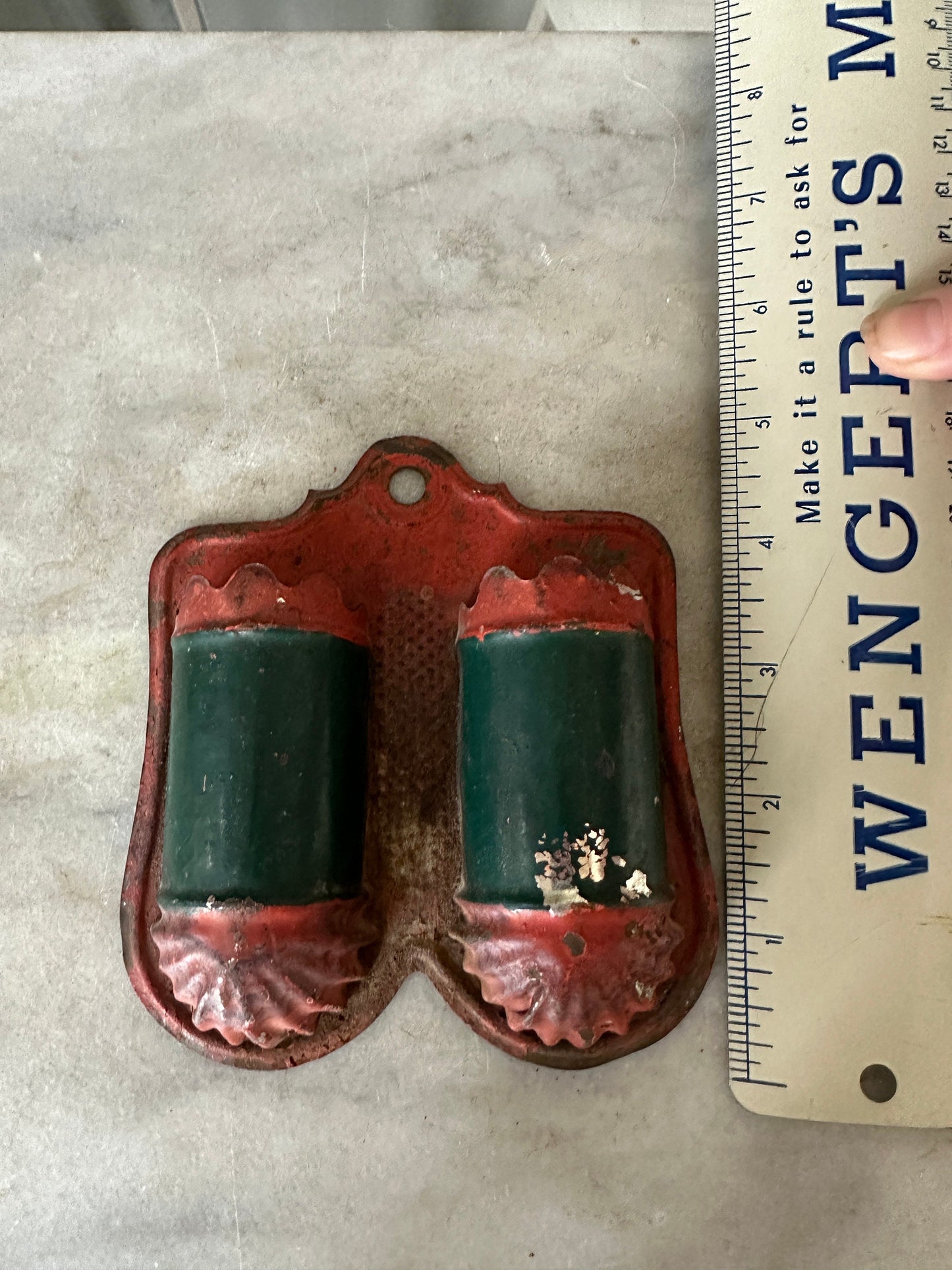 Antique Wall Match Holder. Wall Mounted Container From Kitchen Decor  Red and Green Painted Tin Match Holder.