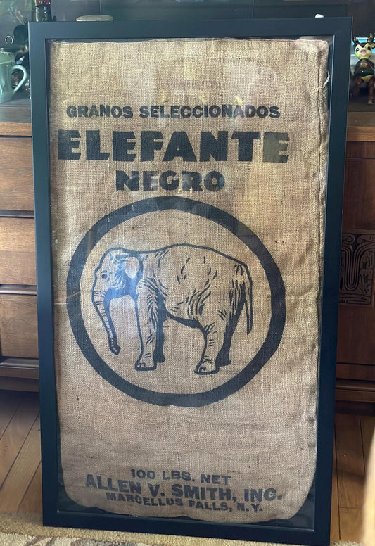Elefante Negro (Grants Seleccionados) Coffee Burlap Sack Art – 100 lb Vintage Coffee Bag, Professionally Framed (21” x 37”) Wall Decor