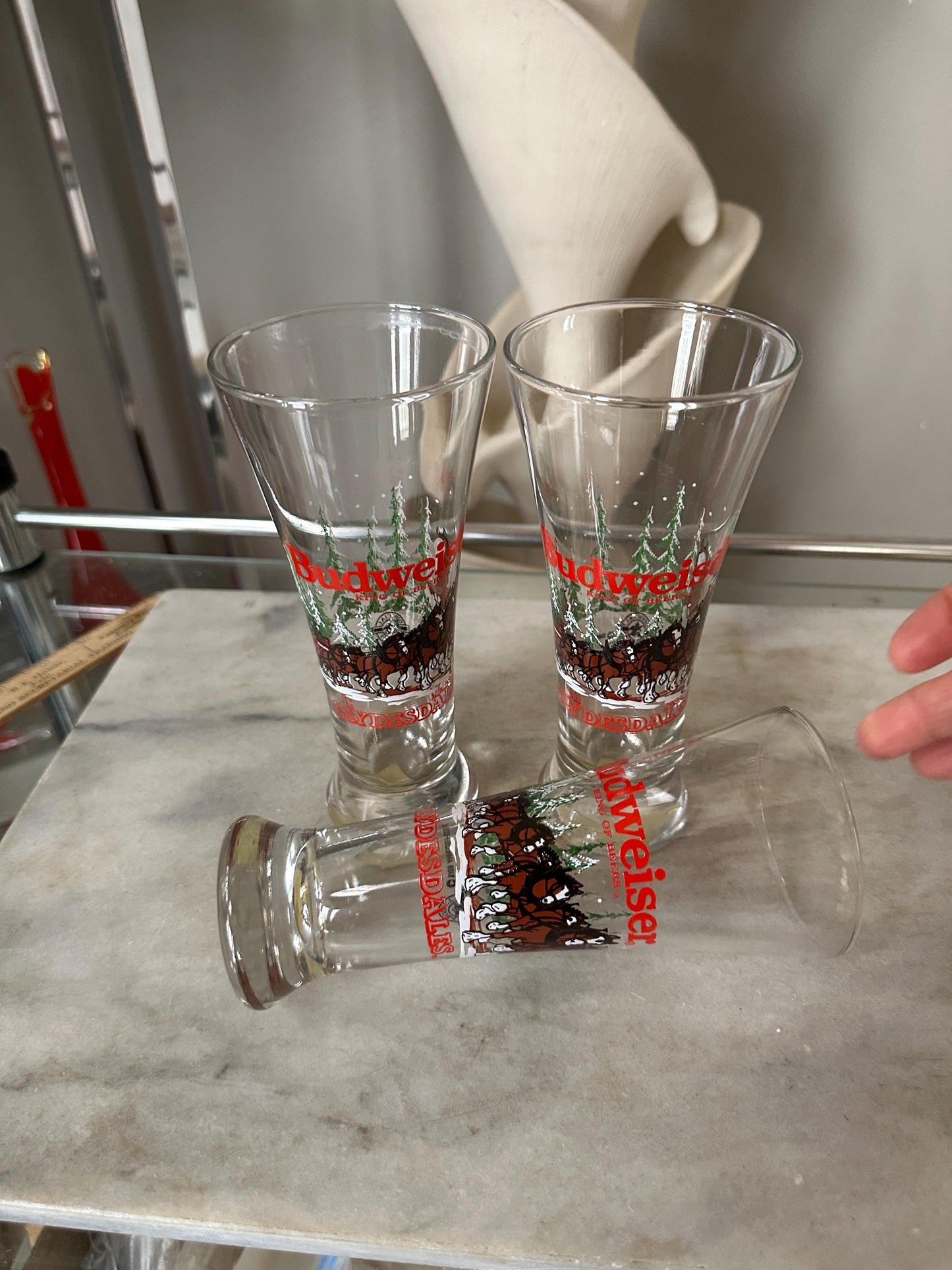 Budweiser Clydesdale Pilsner Beer Glass Set of 3 Clear Christmas 1989 Horses 7"