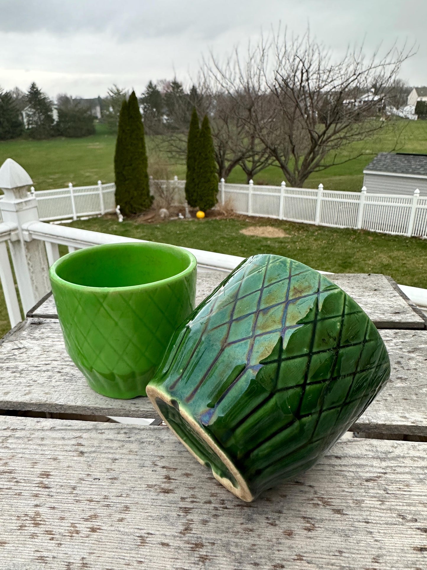 Set of Two Shawnee Pottery USA Planters | Two Shades of Green | Diamknd Pattetn | USA Pottery
