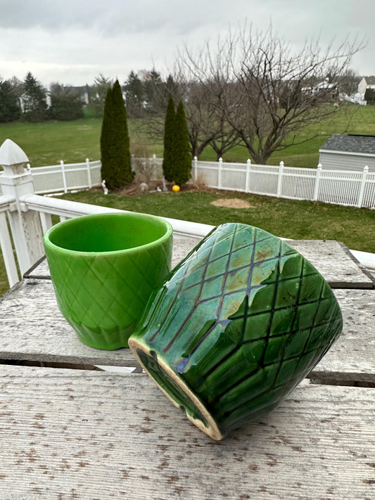 Set of Two Shawnee Pottery USA Planters | Two Shades of Green | Diamknd Pattetn | USA Pottery