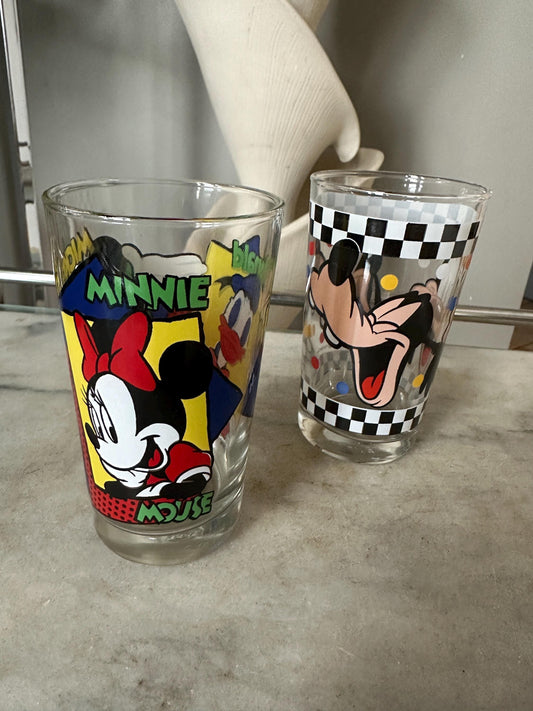 Vintage Disney Mickey/Minnie Mouse/Donald Duck Drinking Glass and Goofy Drinking Glass  Set of 2