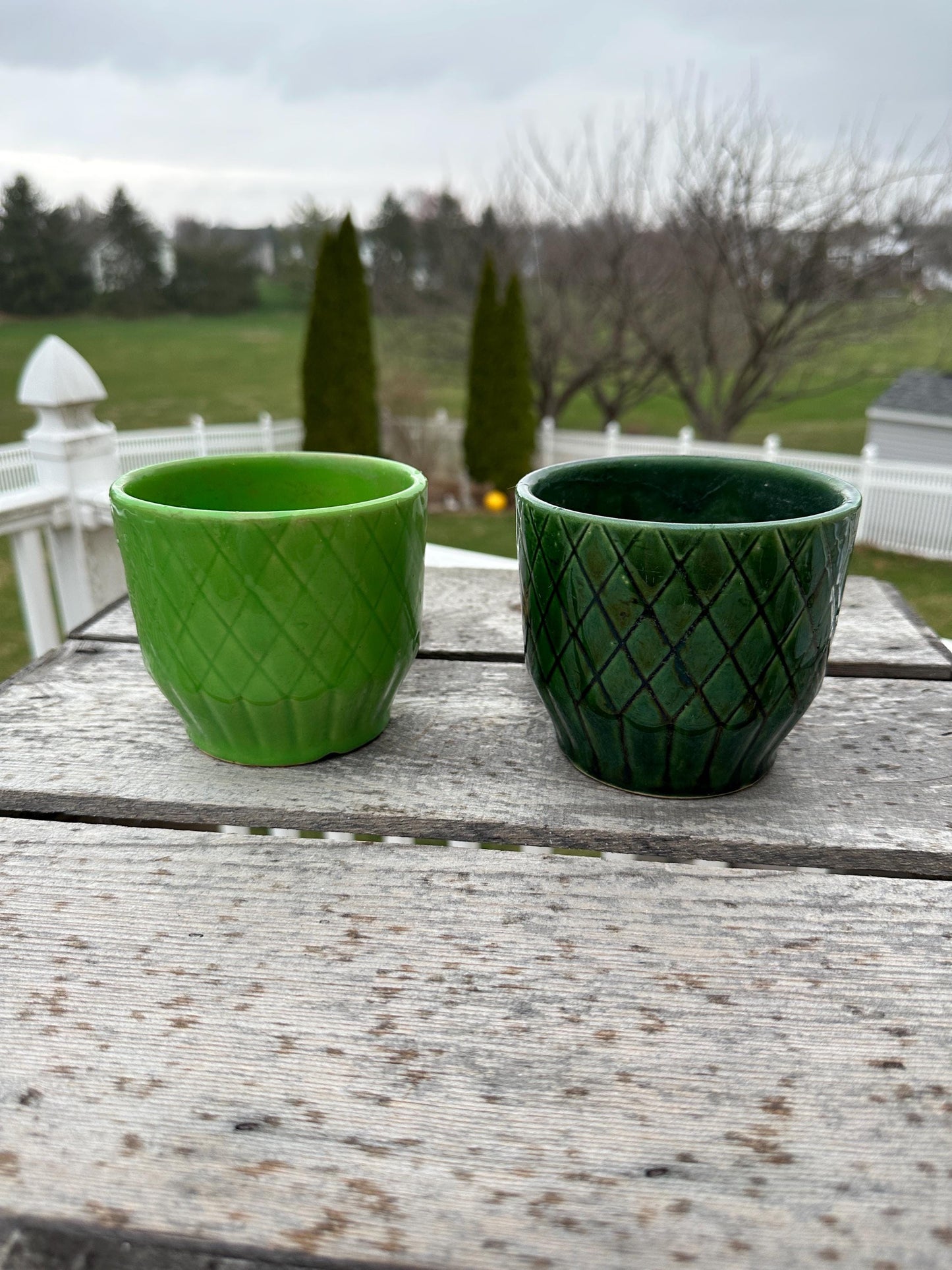 Set of Two Shawnee Pottery USA Planters | Two Shades of Green | Diamknd Pattetn | USA Pottery