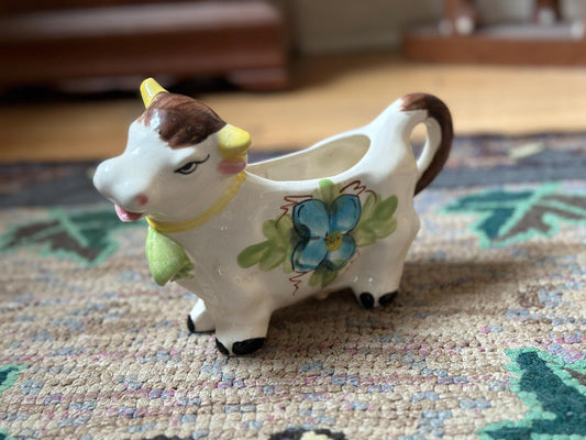 1950s Porcelain Cow Creamer. White with Blue Pansies, Vintage Creamer Collectible Cow Creamer Floral Cow Creamer, Made in Japan