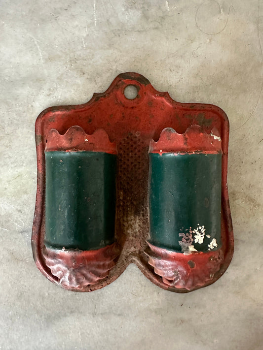 Antique Wall Match Holder. Wall Mounted Container From Kitchen Decor  Red and Green Painted Tin Match Holder.