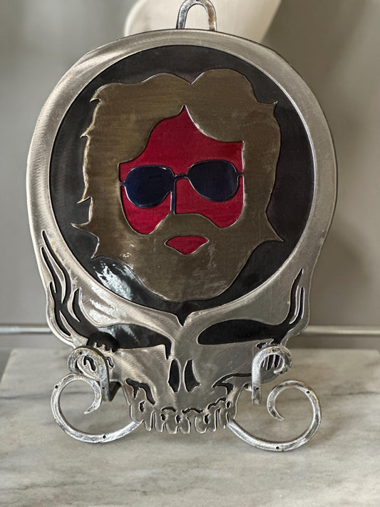 Grateful Dead-Inspired Jerry Garcia Metal Wall Art | Garcia in Iconic Grateful Dead Logo | 11.5"x15" | Coated Steel with Resin Finish