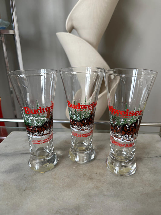 Budweiser Clydesdale Pilsner Beer Glass Set of 3 Clear Christmas 1989 Horses 7"