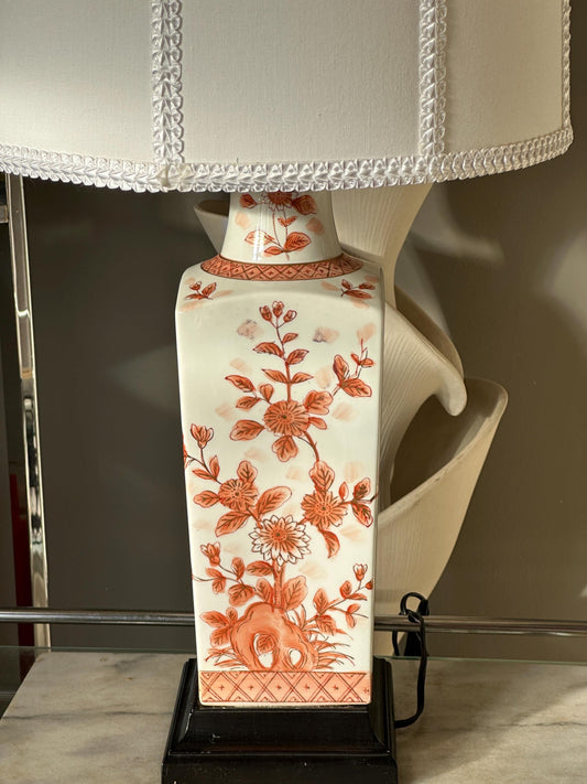 Mid 20th Century White Ceramic With Orange Floral Pattern Table Lamp