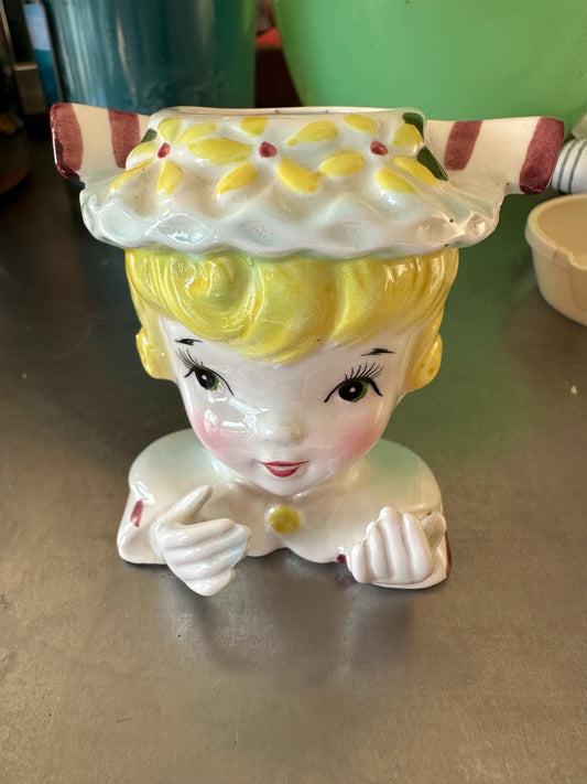 Enesco Japan Girl Head Vase: Vintage Planter, Mantel Decor