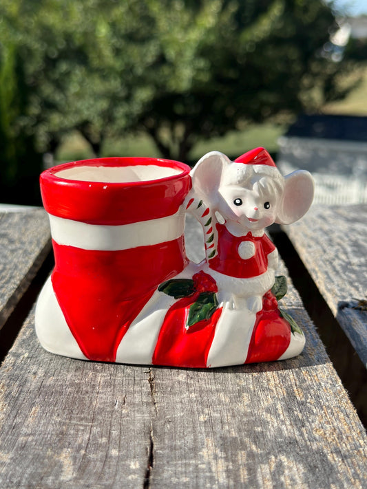 Vintage Santa Boot Planter, Christmas Mouse Ceramic Vase, Xmas Kitsch