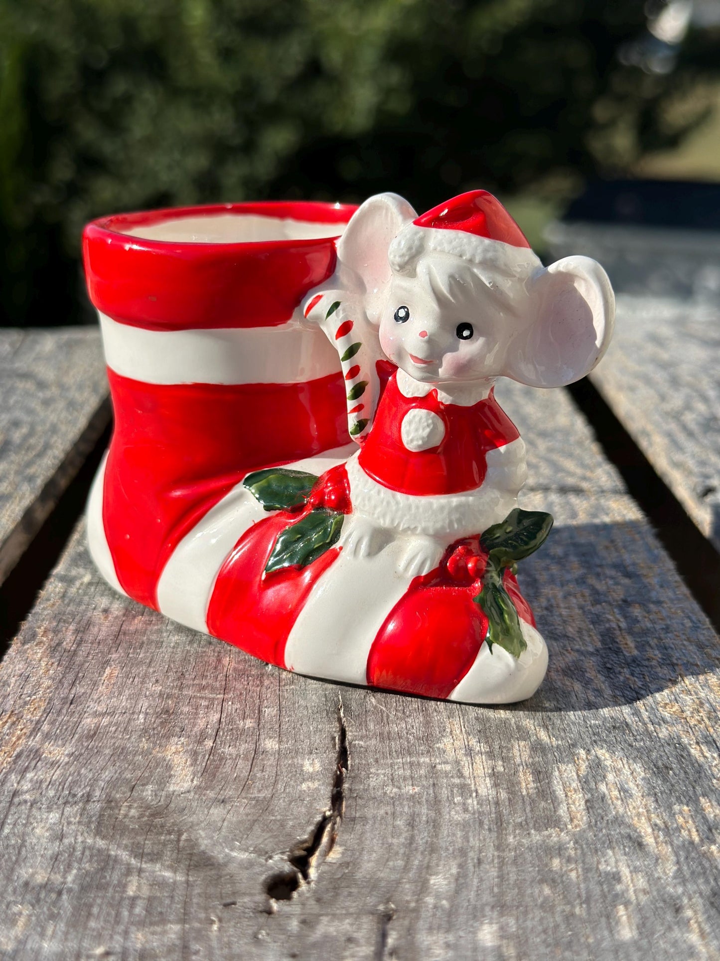 Vintage Santa Boot Planter, Christmas Mouse Ceramic Vase, Xmas Kitsch