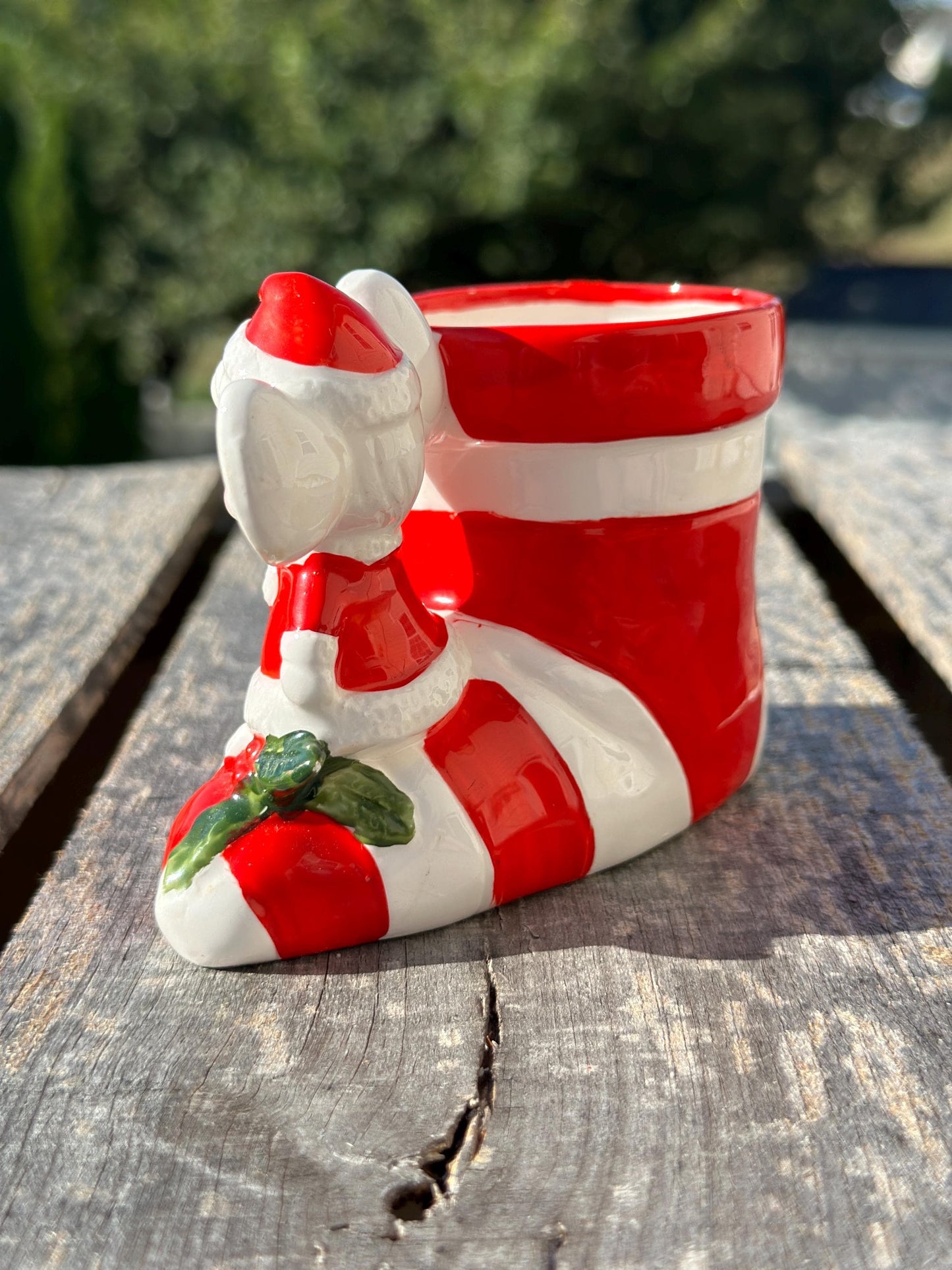 Vintage Santa Boot Planter, Christmas Mouse Ceramic Vase, Xmas Kitsch