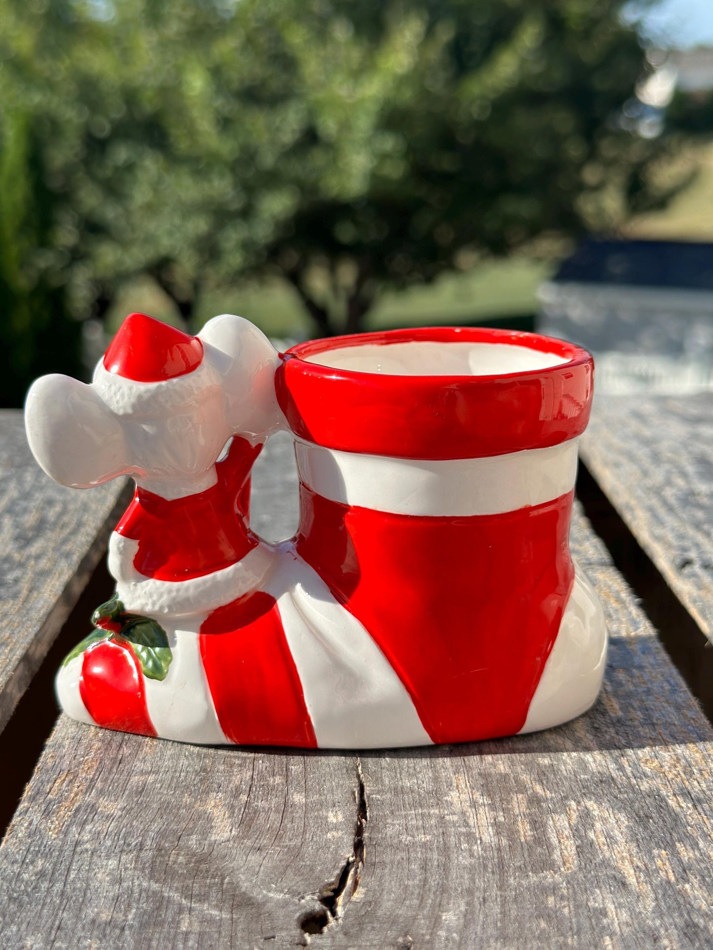 Vintage Santa Boot Planter, Christmas Mouse Ceramic Vase, Xmas Kitsch