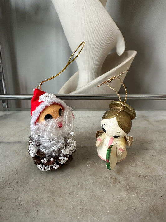 Vintage Christmas Ornaments: Pine Cone Santa & Wooden Big-Eyed Angel