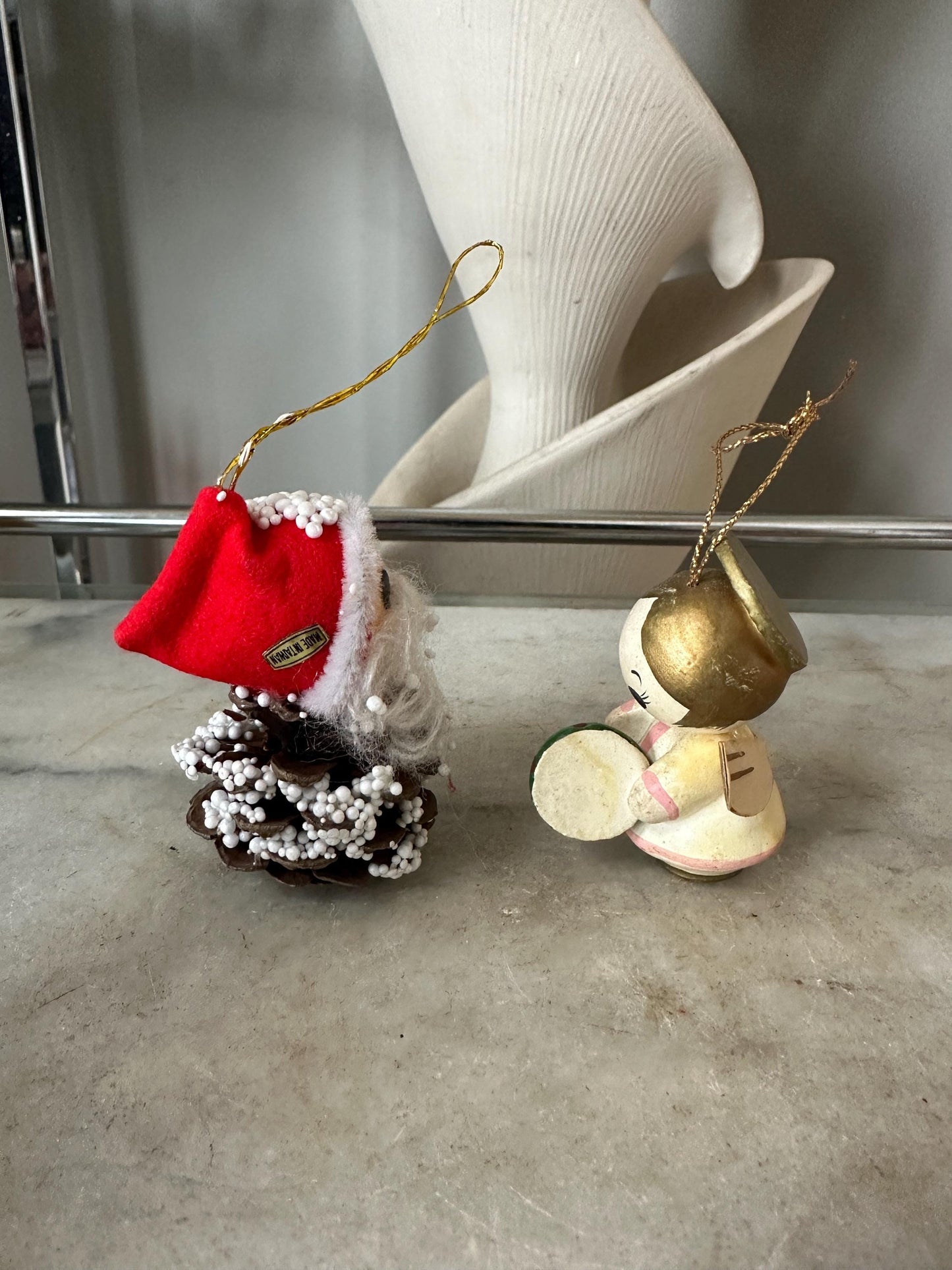 Vintage Christmas Ornaments: Pine Cone Santa & Wooden Big-Eyed Angel