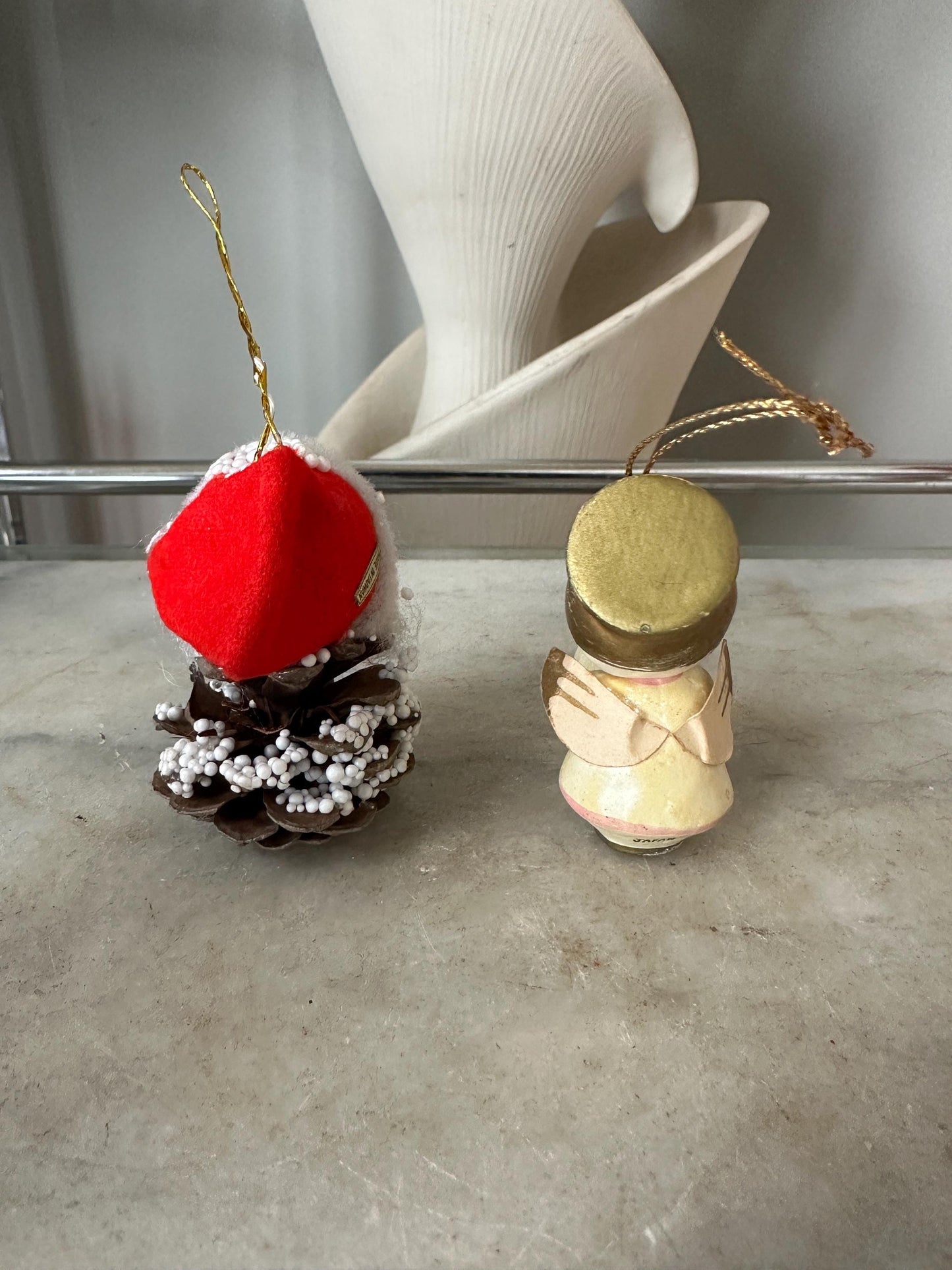 Vintage Christmas Ornaments: Pine Cone Santa & Wooden Big-Eyed Angel