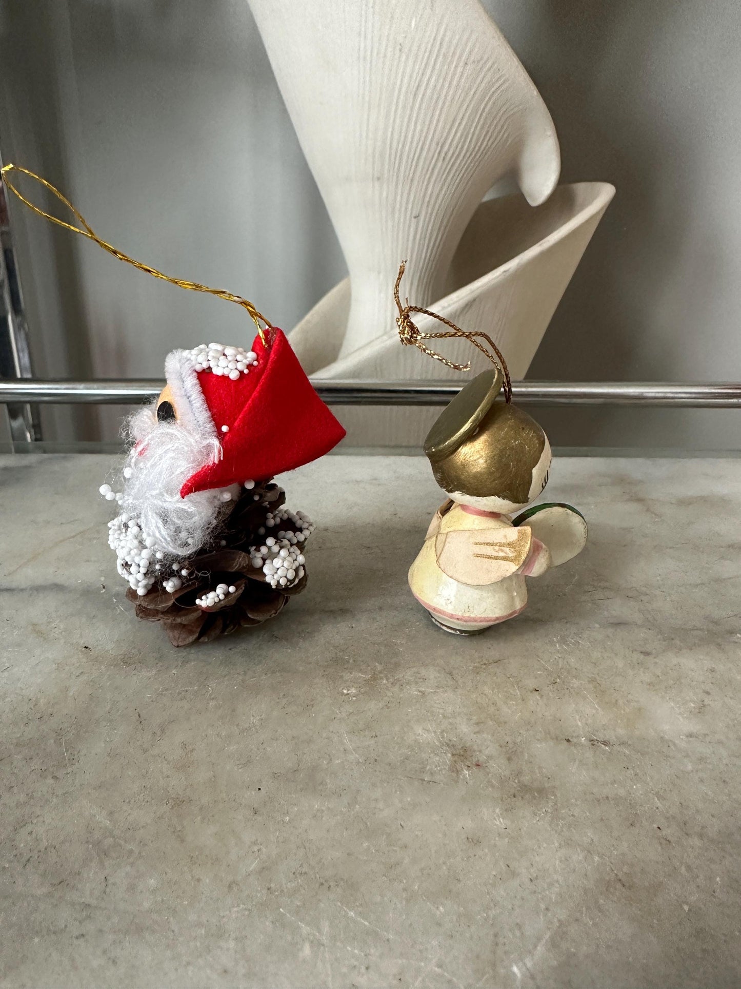Vintage Christmas Ornaments: Pine Cone Santa & Wooden Big-Eyed Angel