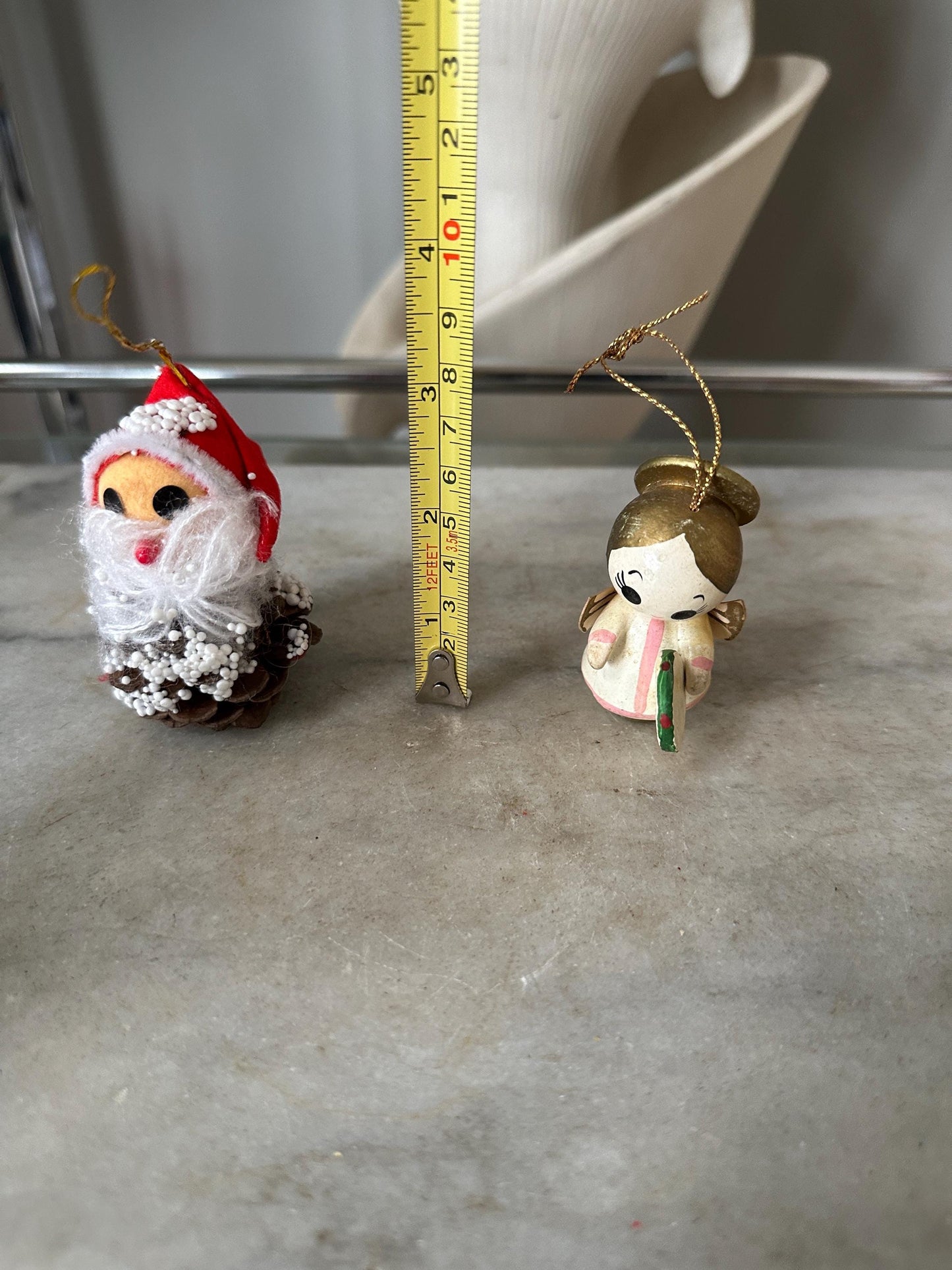 Vintage Christmas Ornaments: Pine Cone Santa & Wooden Big-Eyed Angel