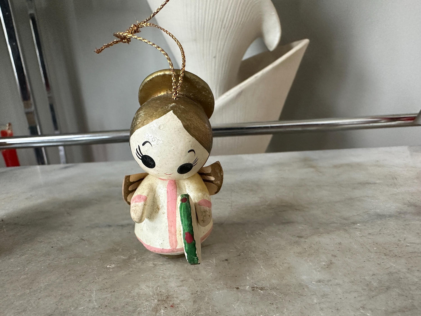 Vintage Christmas Ornaments: Pine Cone Santa & Wooden Big-Eyed Angel